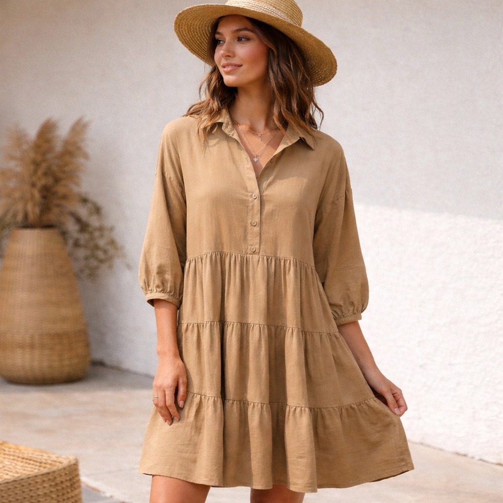 Boho Tiered Babydoll Shirt Dress Tan Khaki Size M Urban Outfitters Style